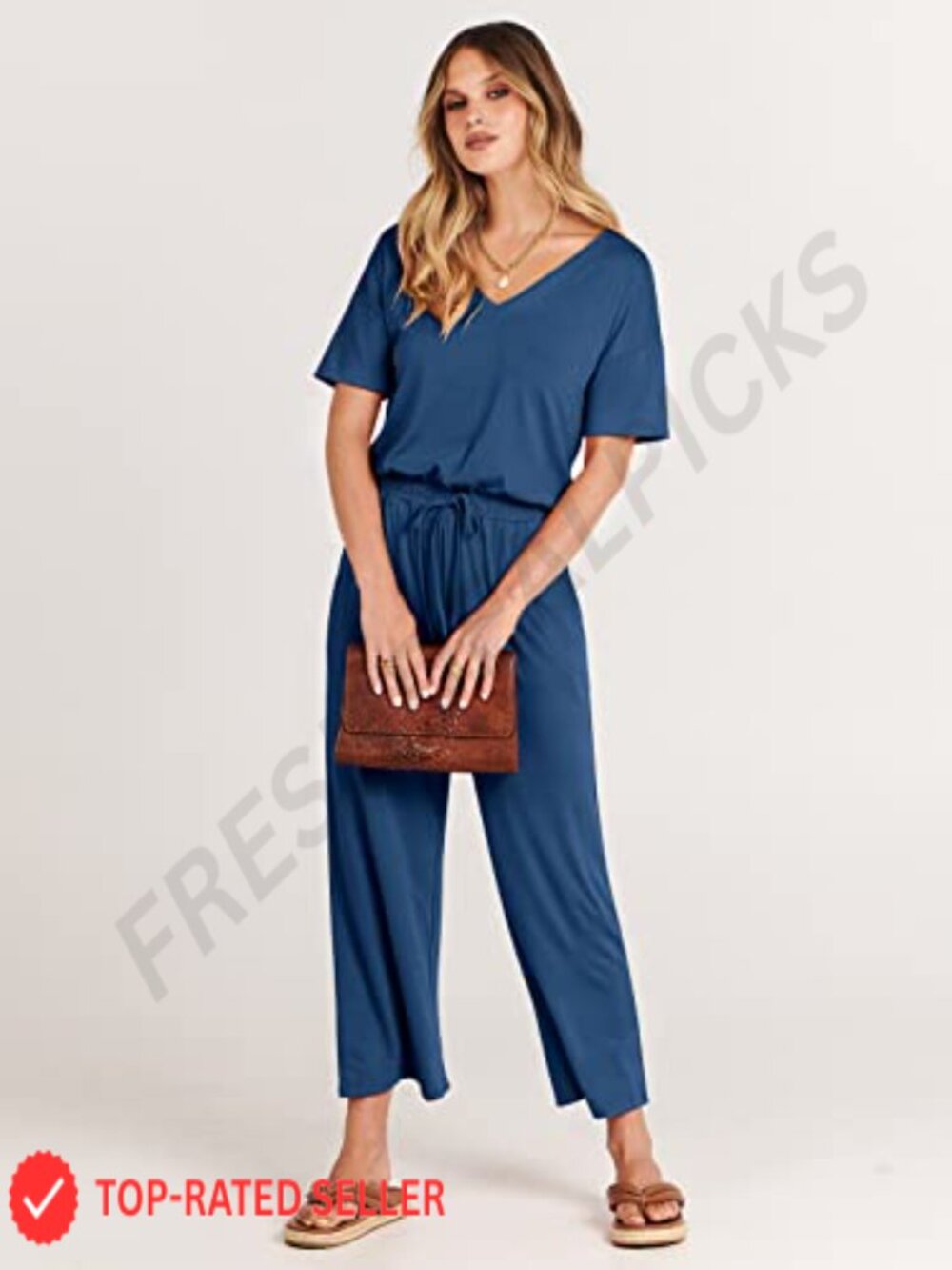 Wide Leg Cropped Jumpsuit V Neck Short Sleeve Romper with Pockets - Picture 5 of 6
